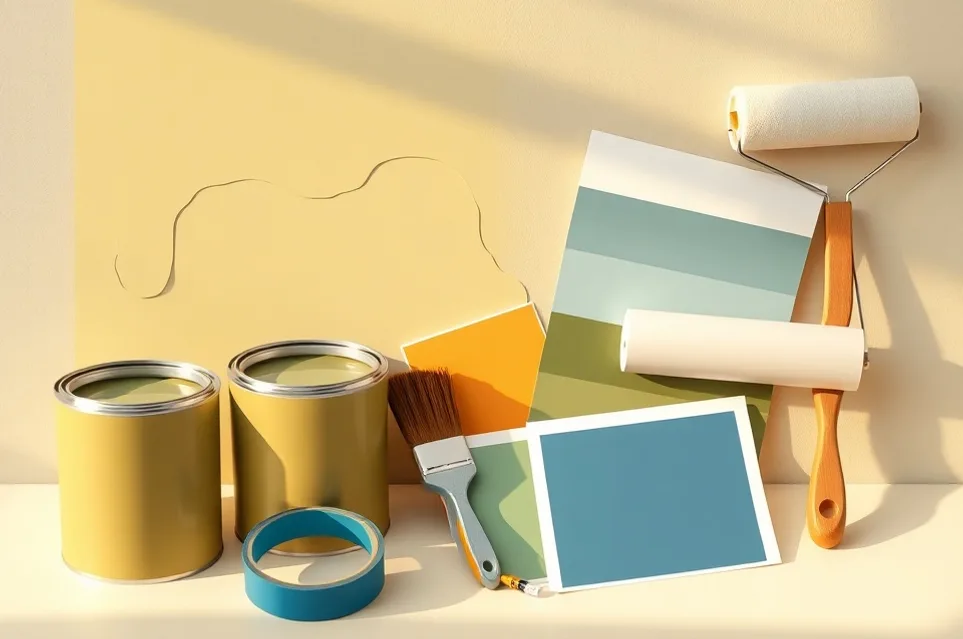 Pots de peinture, nuancier, brosses et rouleaux disposés à plat