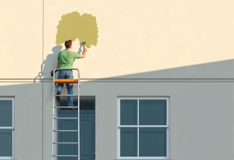 Peintre sur échafaudage traitant la façade d'une maison
