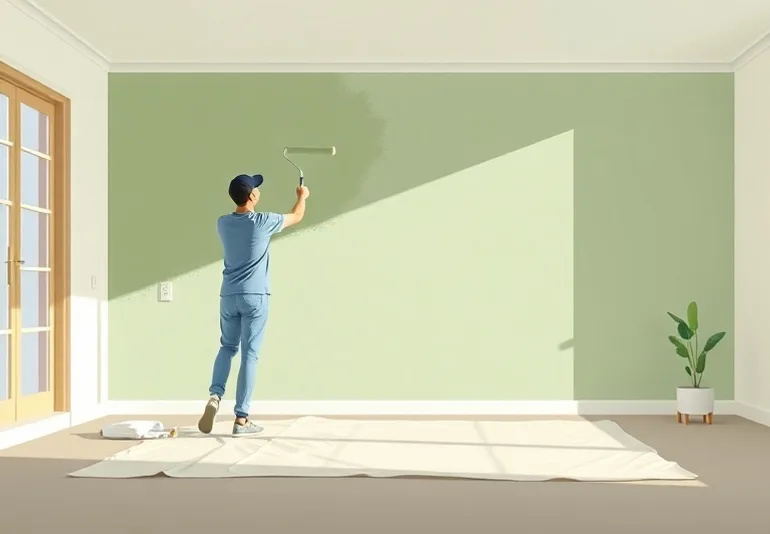 Peintre appliquant la peinture au rouleau sur un mur de salon